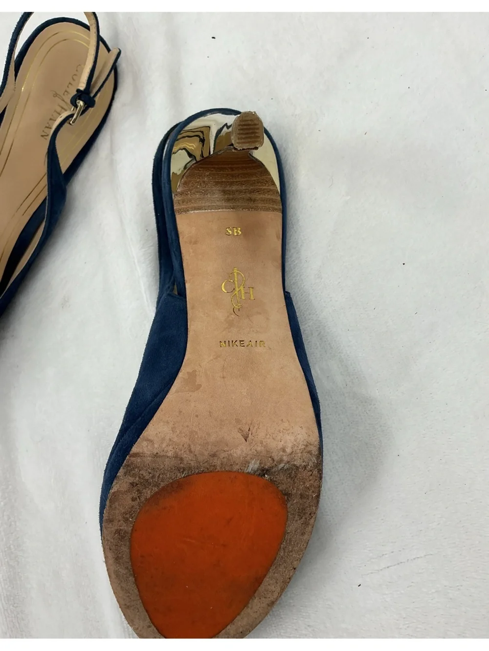 Cole Haan Navy Suede Peep-Toe Slingback Heels b59